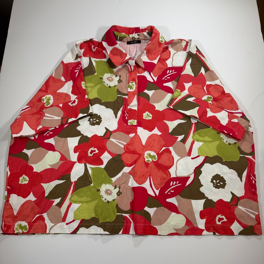 Natori Floral Print Polo Shirt Womens XL Red Pink Green Cotton Blend Boxy Top